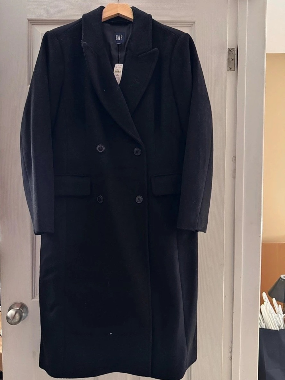 GAP Long Black Wool-Blend Coat Size Large Petite NWT